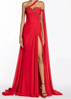 A-Line Evening Gown Elegant Floor Length Sleeveless One Shoulder Chiffon with Sequin