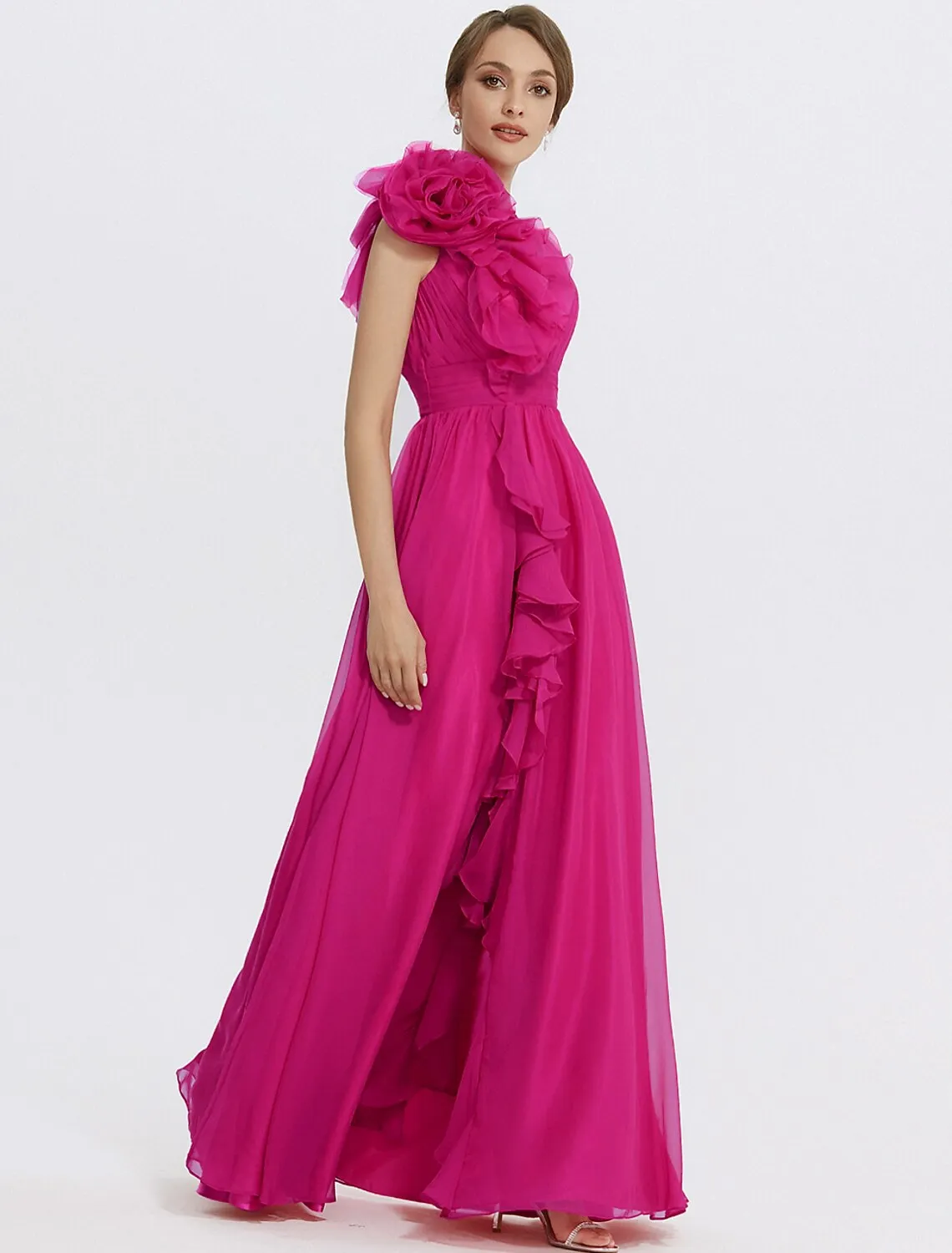 A-Line Evening Gown Floral Dress Formal Wedding Guest Floor Length Sleeveless V Neck Chiffon with Ruched Appliques