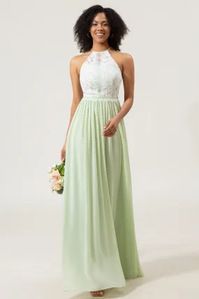 A-Line Halter Neck Dusty Sage Lace and Chiffon Long Bridesmaid Dress