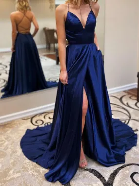 A-line Spaghetti Straps V-Neck Modest Long Evening Prom Dresses PD231