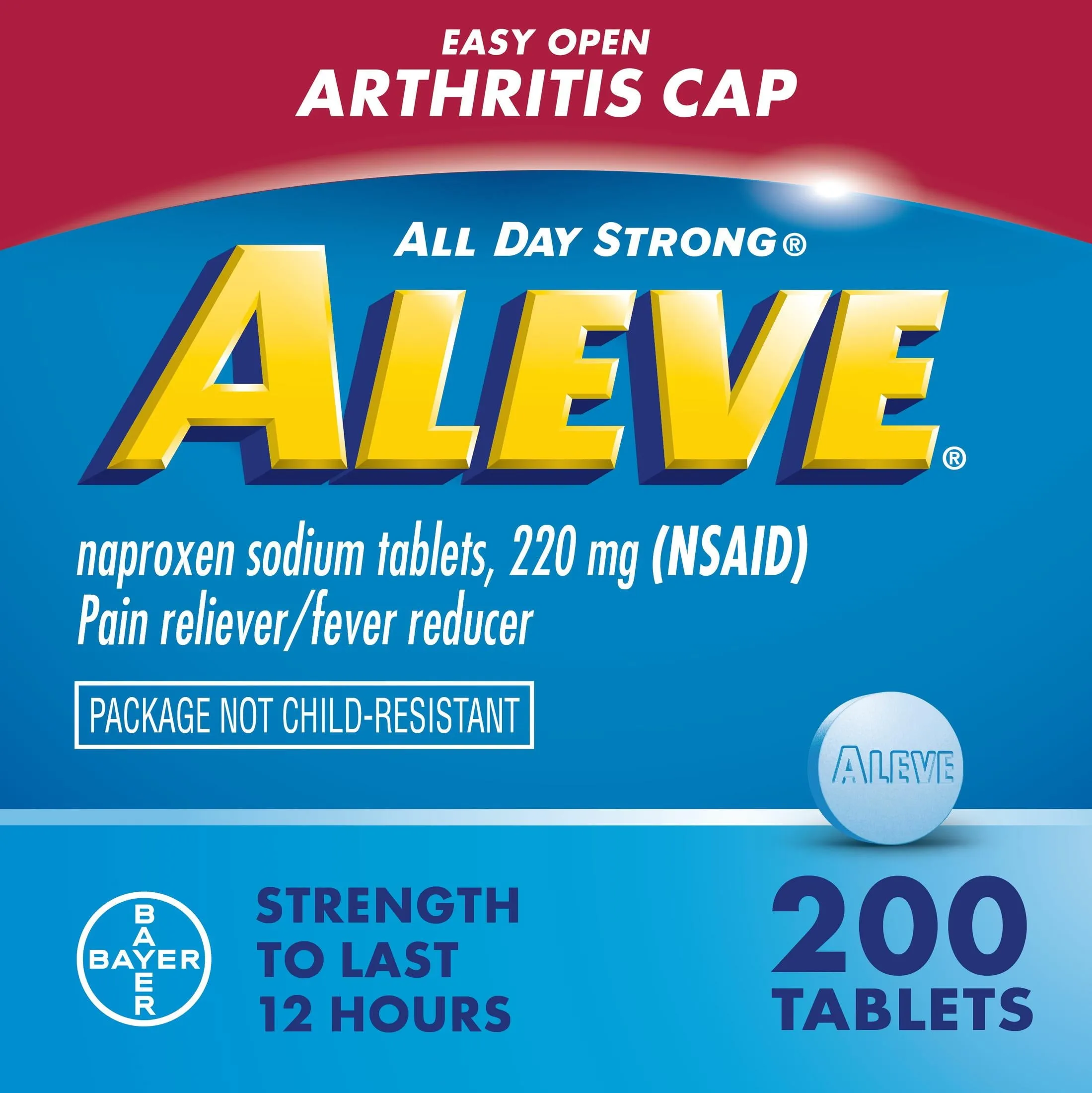 Aleve Tablets Easy Open Arthritis Cap Naproxen Sodium Pain Reliever, 200 Count