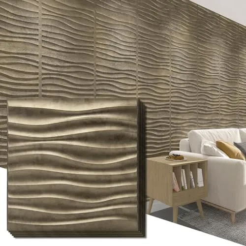 Art3d PVC Wave Panels for Interior Wall Decor, Antique Gold Textured 3D Wall Tiles, 19.7" x 19.7" (12-Pack)