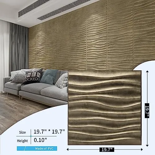 Art3d PVC Wave Panels for Interior Wall Decor, Antique Gold Textured 3D Wall Tiles, 19.7" x 19.7" (12-Pack)