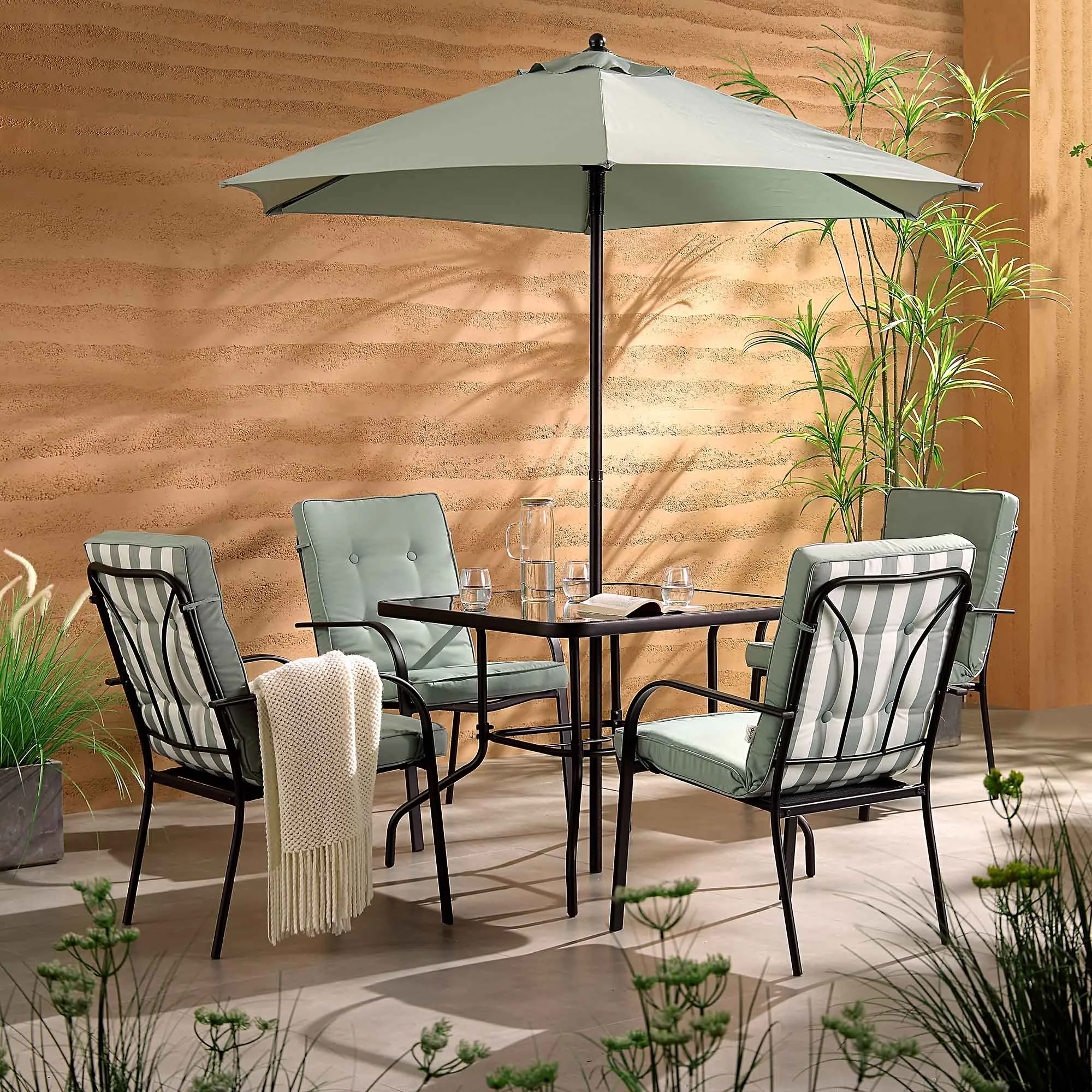 Champneys 4-Seater Steel and Fabric Outdoor Patio Dining Set with Parasol, Sage Green