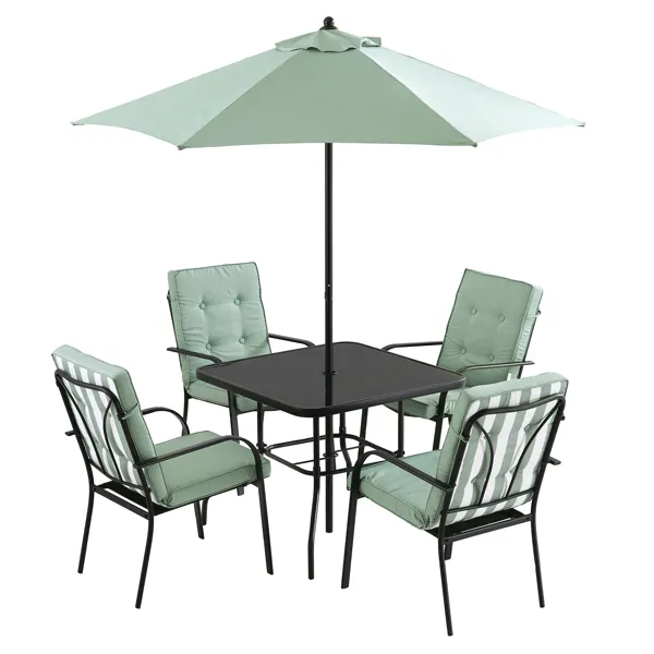 Champneys 4-Seater Steel and Fabric Outdoor Patio Dining Set with Parasol, Sage Green