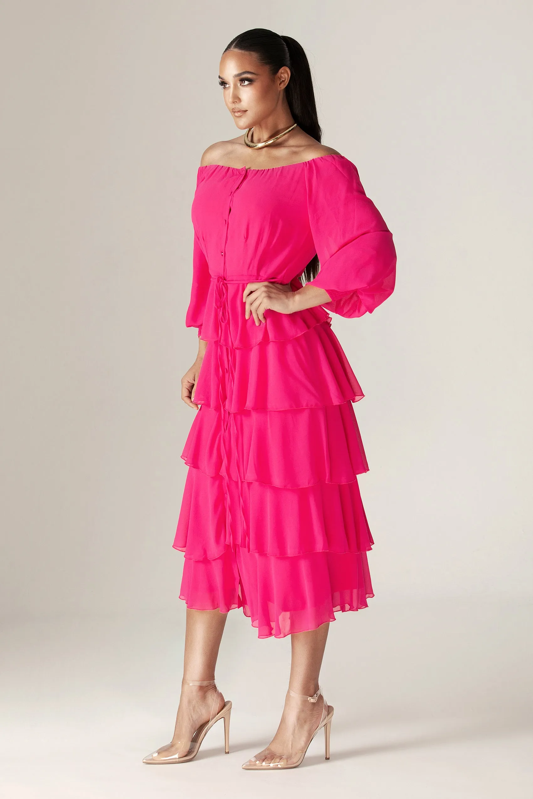 Dorra Floral Chiffon Dress (Hot Pink)