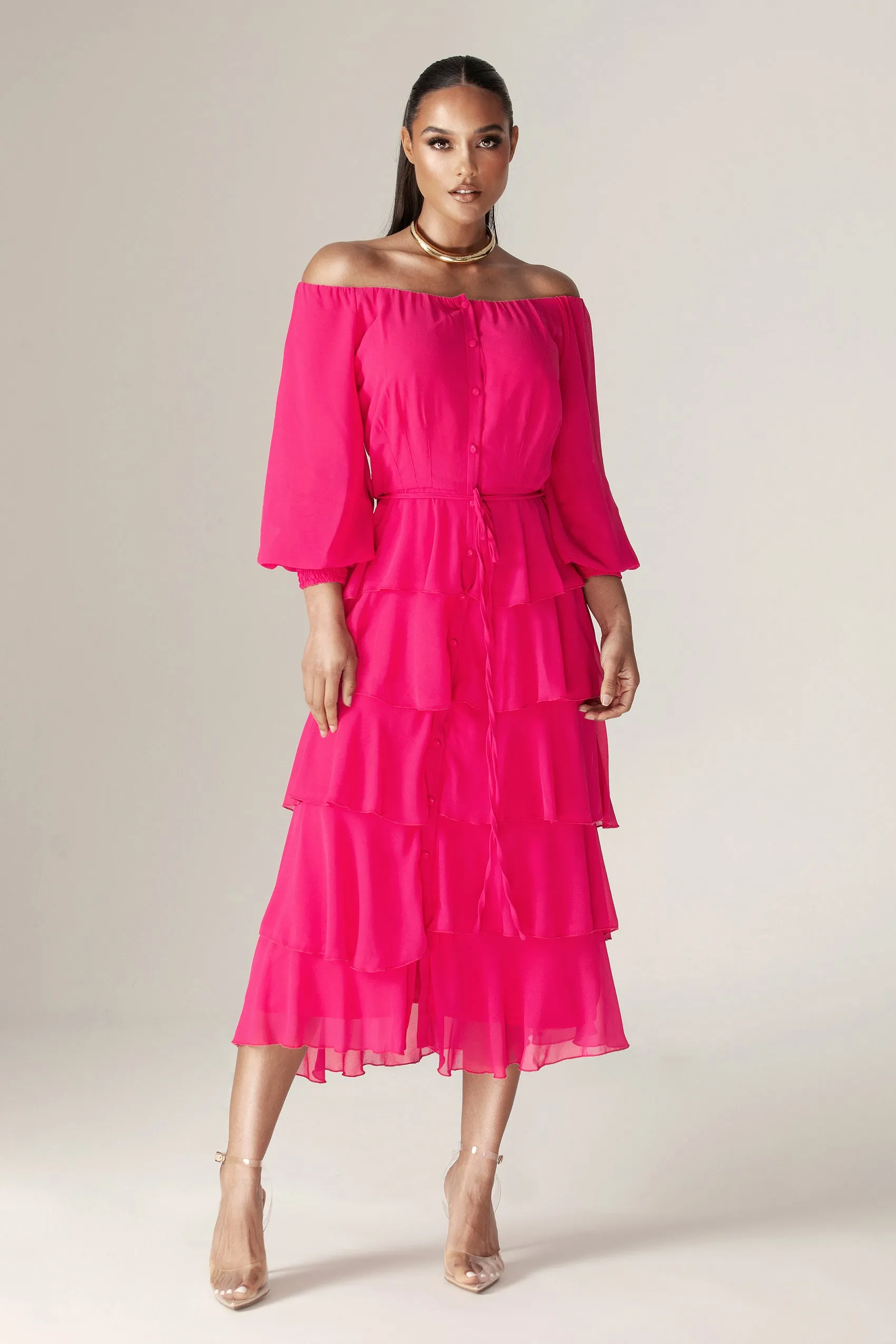 Dorra Floral Chiffon Dress (Hot Pink)