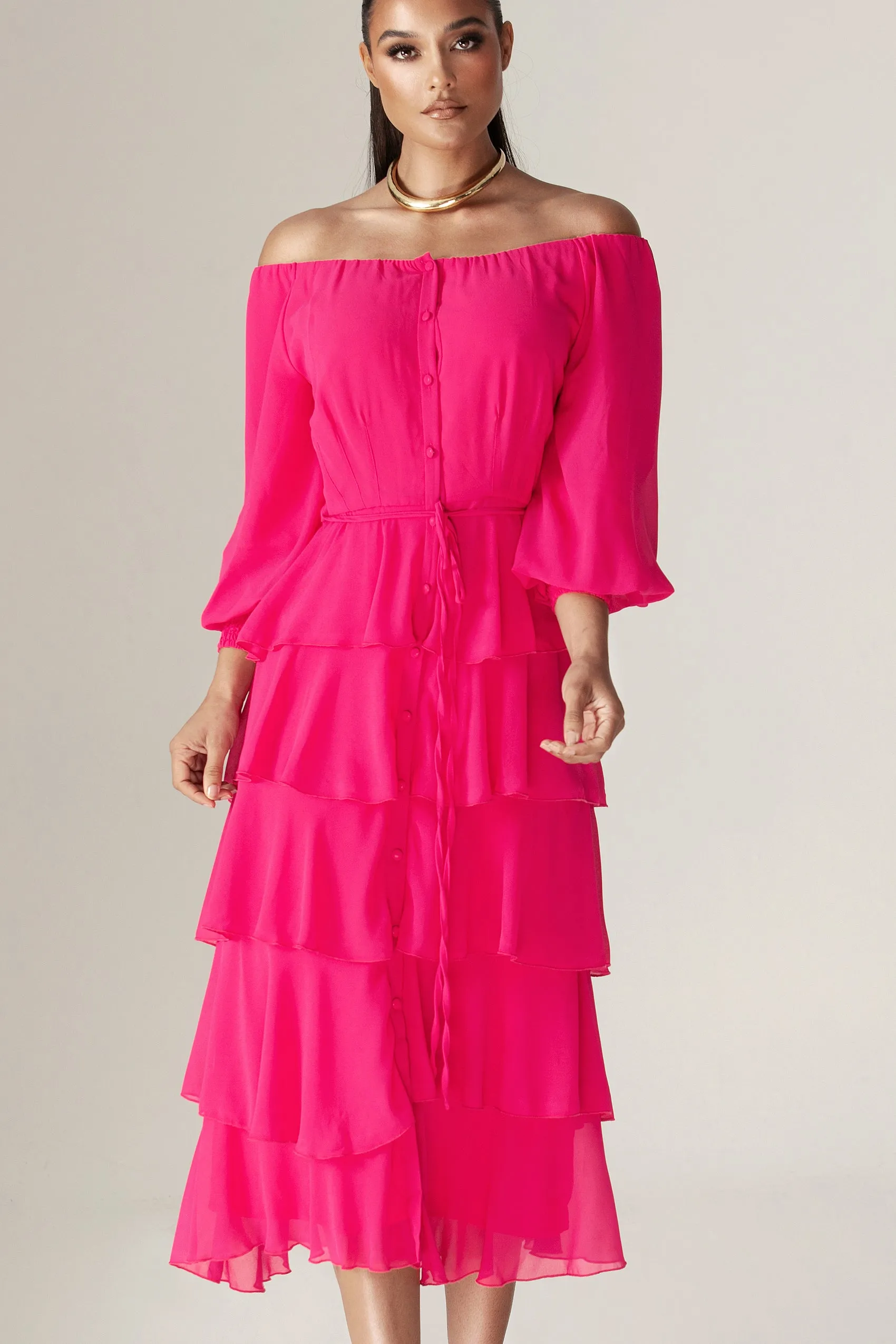 Dorra Floral Chiffon Dress (Hot Pink)