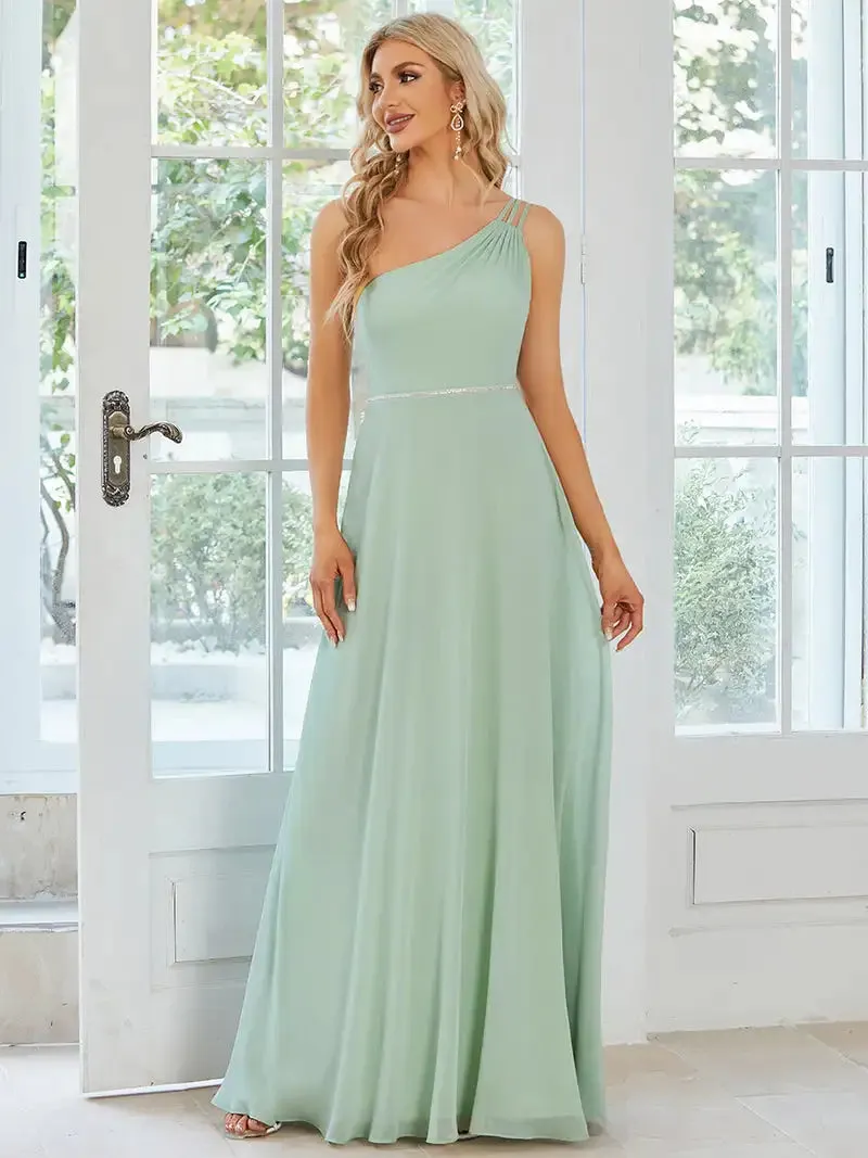 Elegant Evening Dresses One Shoulder Beaded Hidden zipper Floor-Length Ever Pretty 2024 of  A-line Mint Green Bridesmaid Dress