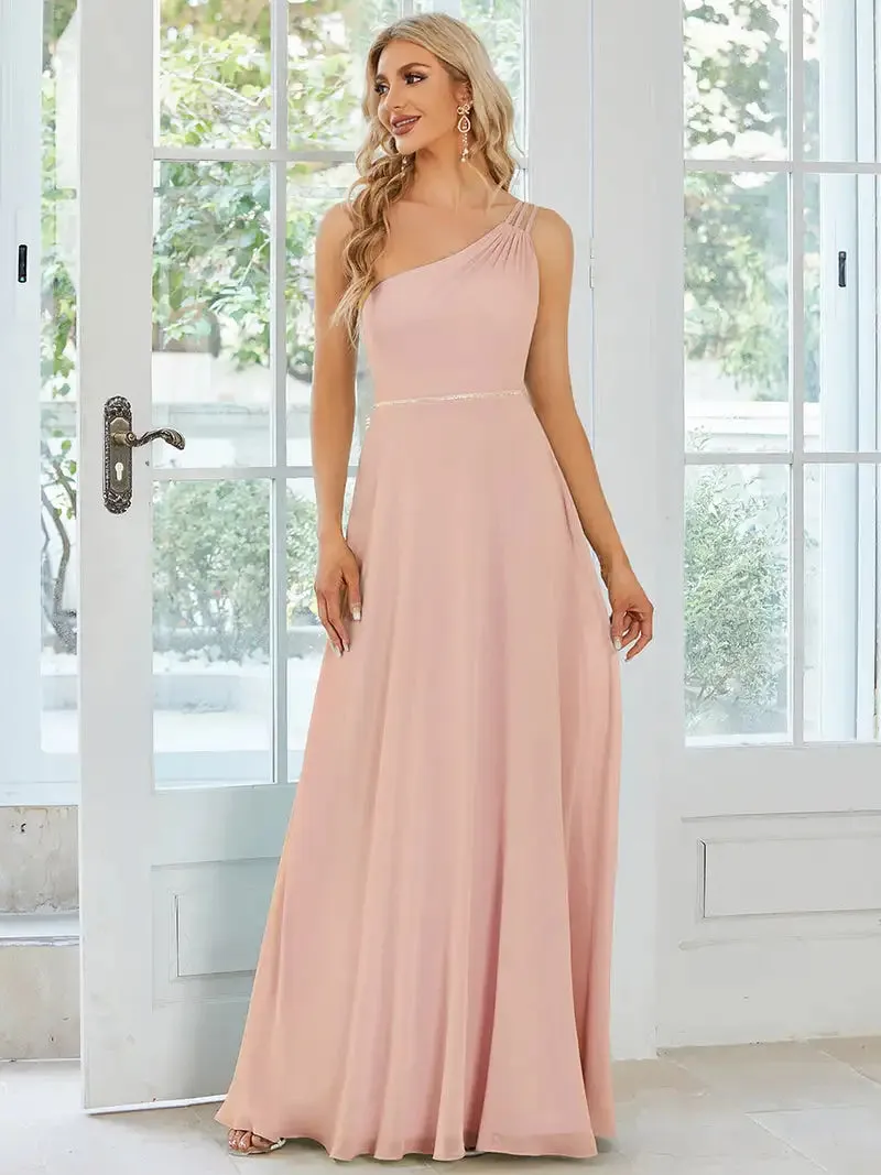 Elegant Evening Dresses One Shoulder Beaded Hidden zipper Floor-Length Ever Pretty 2024 of  A-line Mint Green Bridesmaid Dress