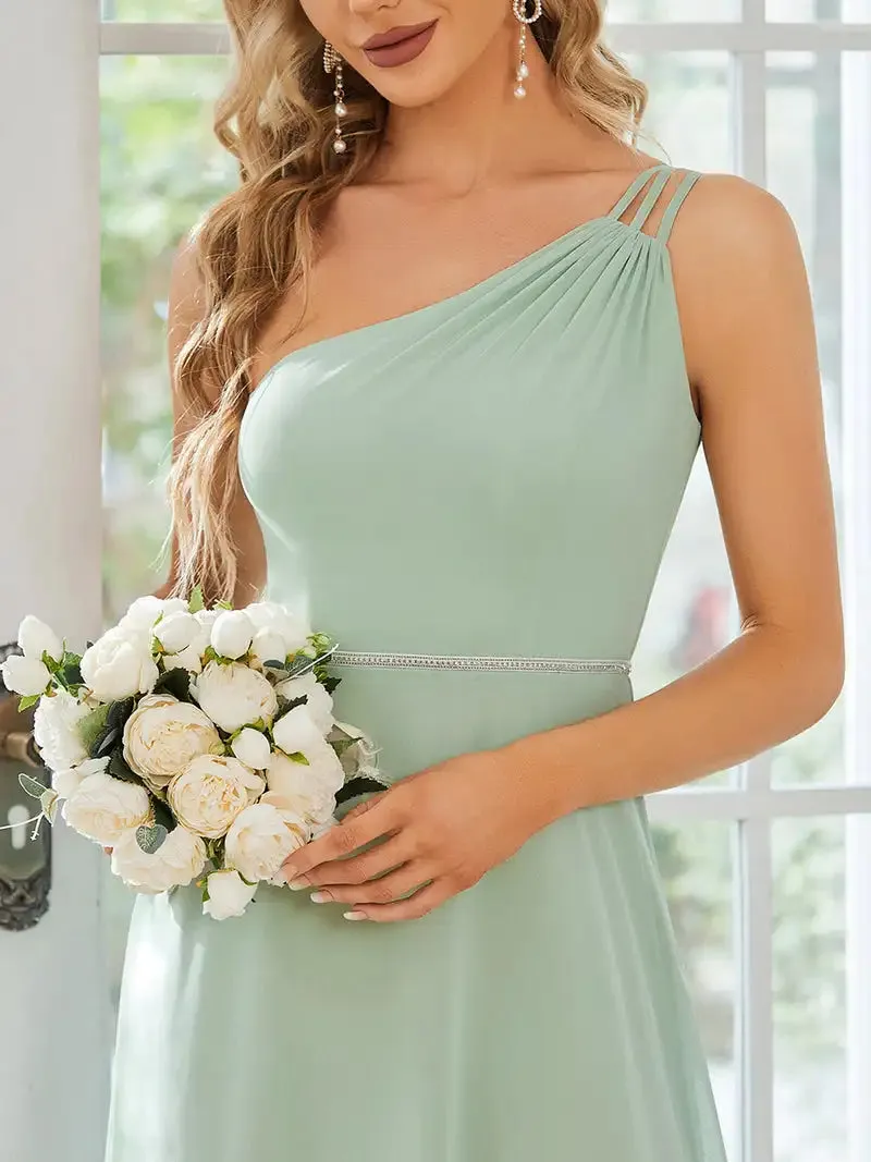 Elegant Evening Dresses One Shoulder Beaded Hidden zipper Floor-Length Ever Pretty 2024 of  A-line Mint Green Bridesmaid Dress