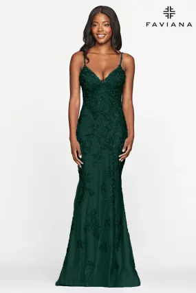 Faviana S10508 Lace Long Dress With V Neck And Lace Up Open Back