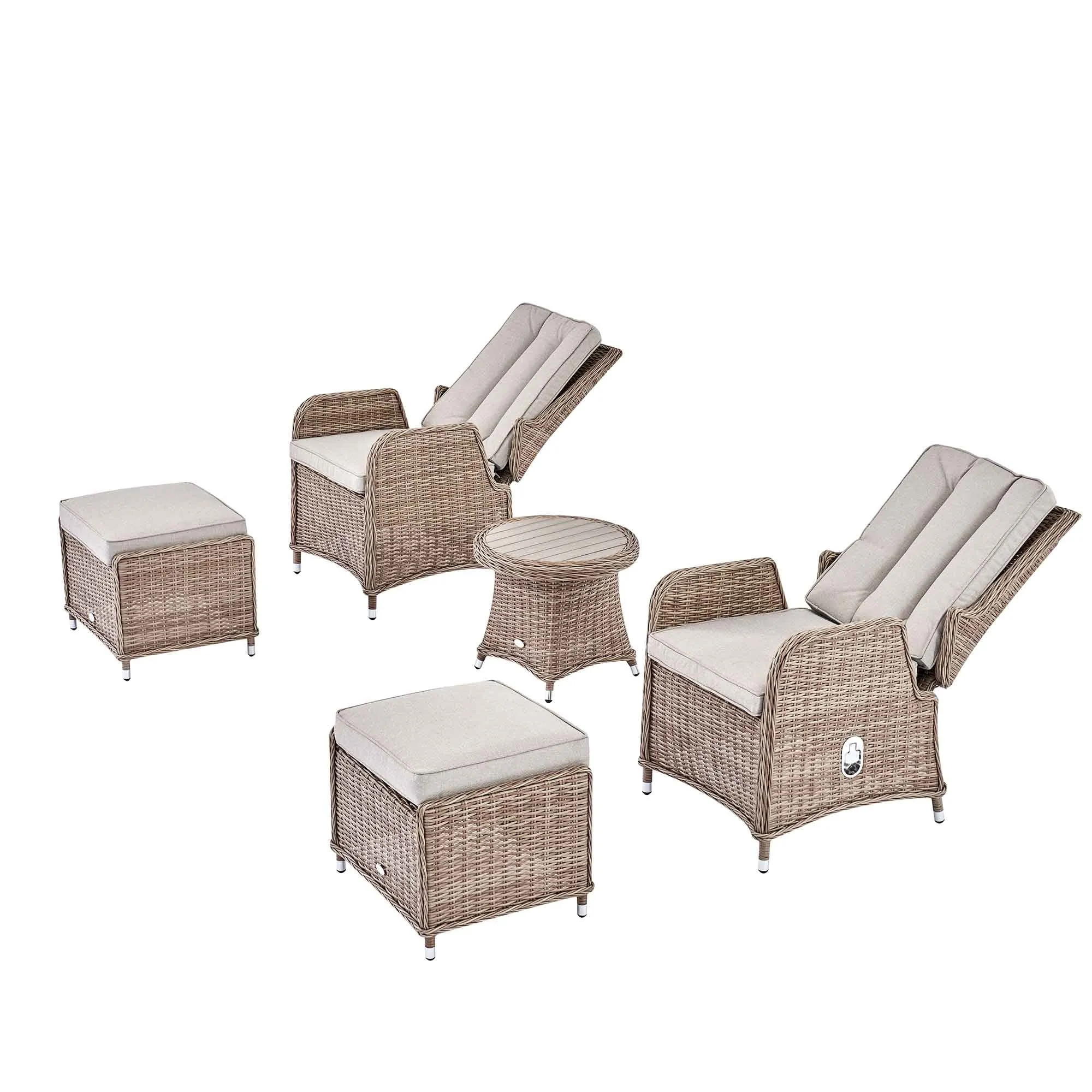 Hampshire 2-Seater Round Wicker Reclining Bistro Set with Stools, Natural