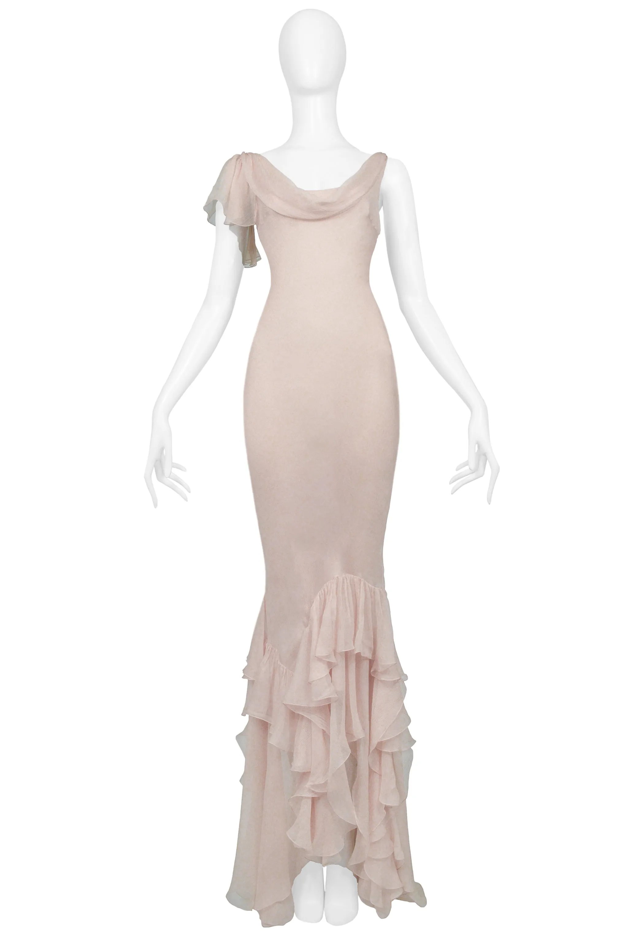 JOHN GALLIANO PINK BLUSH CHIFFON EVENING GOWN WITH RUFFLES