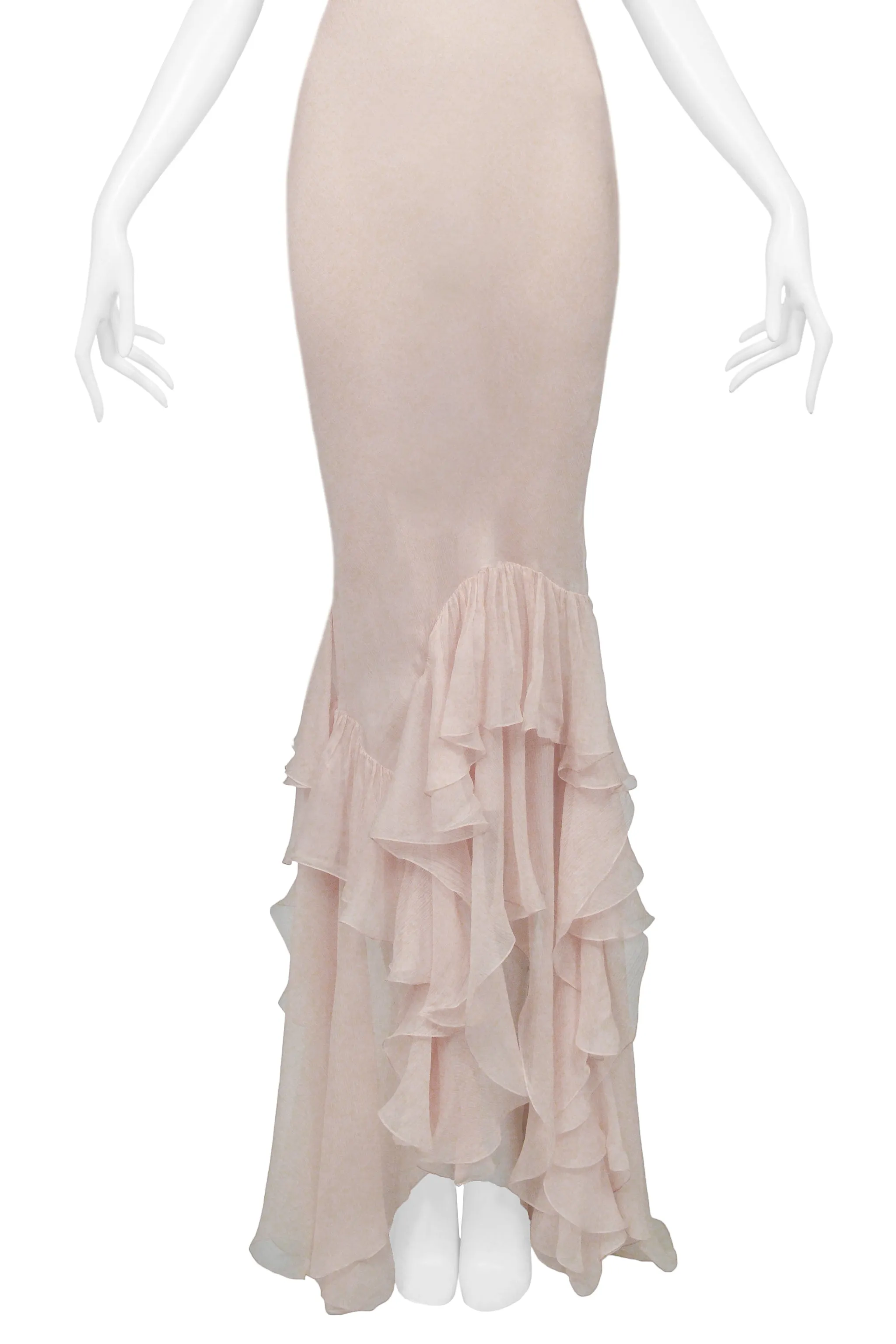 JOHN GALLIANO PINK BLUSH CHIFFON EVENING GOWN WITH RUFFLES