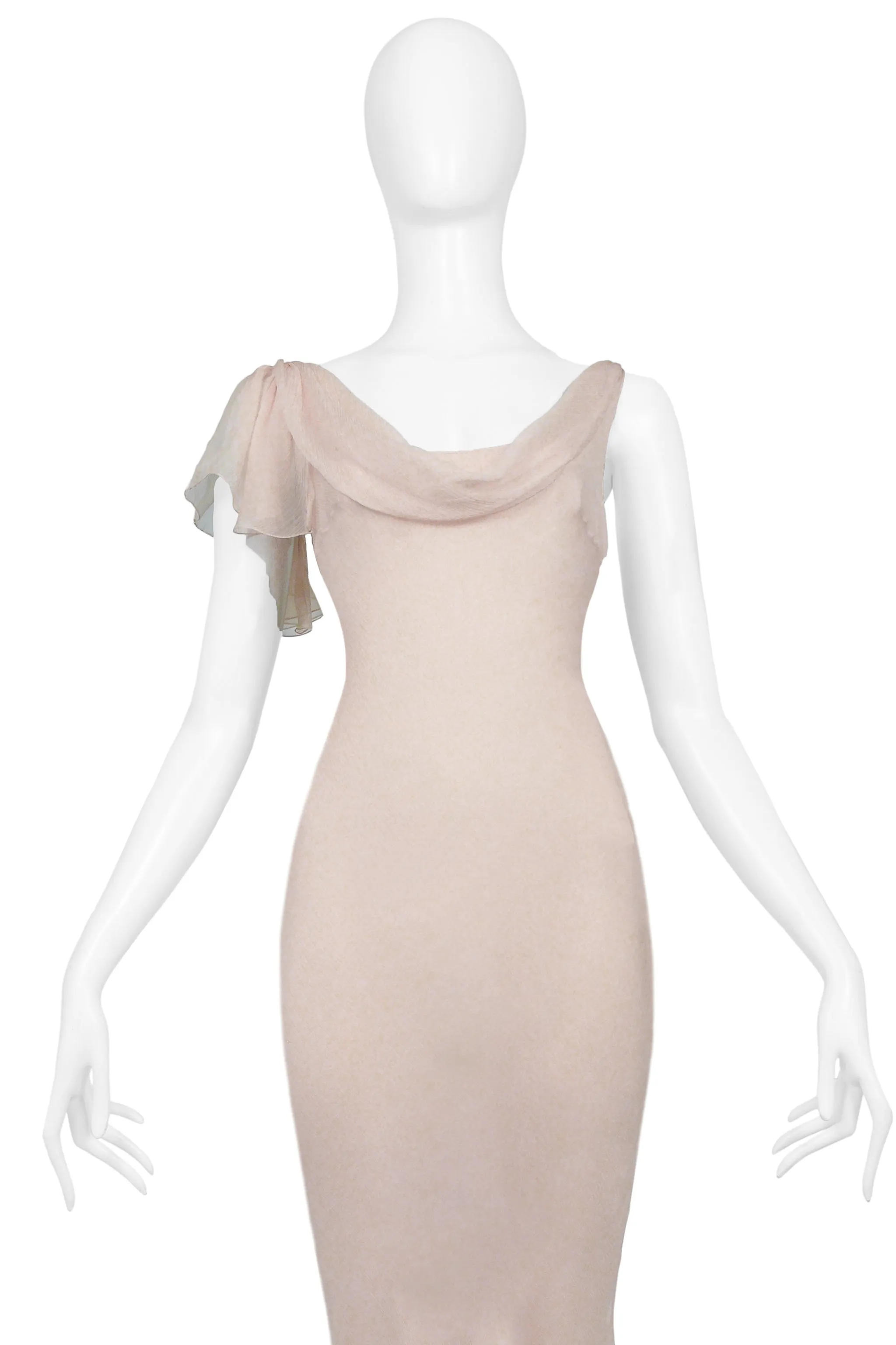 JOHN GALLIANO PINK BLUSH CHIFFON EVENING GOWN WITH RUFFLES