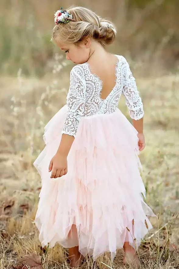 Lace 3/4 Sleeves Scoop Pink Tea-Length Flower Girl Dress with Ruffles OF141