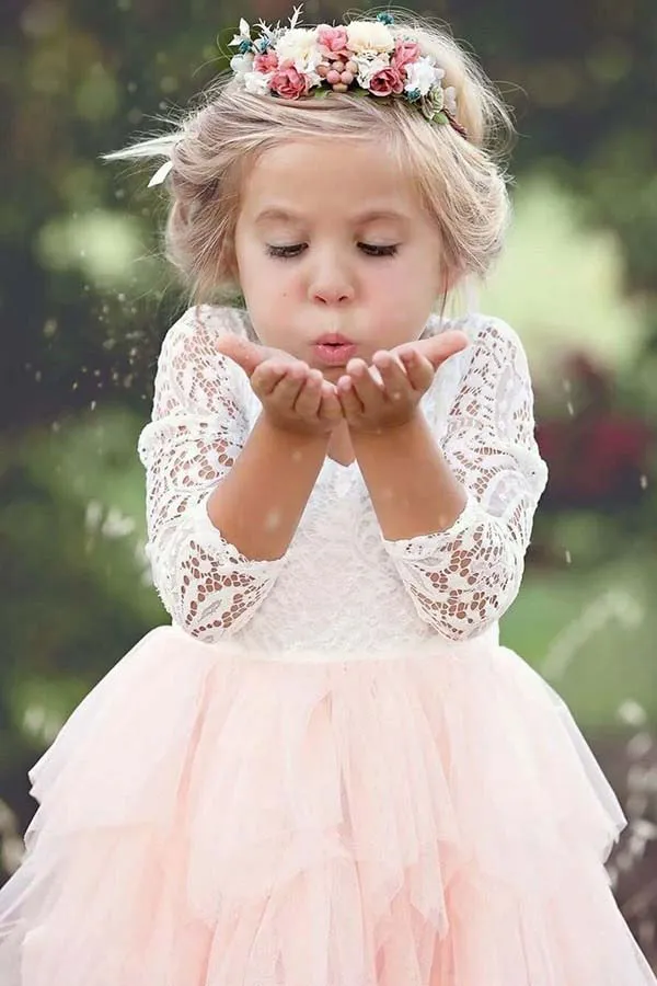 Lace 3/4 Sleeves Scoop Pink Tea-Length Flower Girl Dress with Ruffles OF141