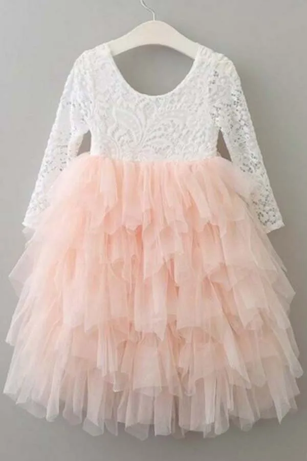 Lace 3/4 Sleeves Scoop Pink Tea-Length Flower Girl Dress with Ruffles OF141