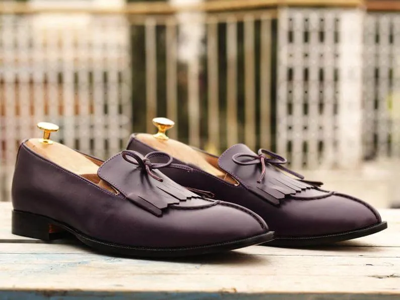 Latest Handmade Men's Purple Leather Fringes & Tussle Loafers, Men Split Toe Dress Formal Shoes