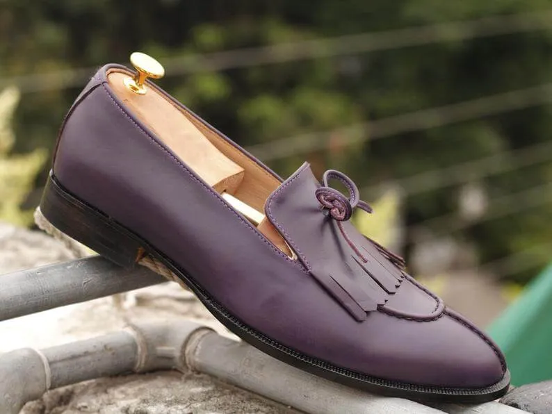 Latest Handmade Men's Purple Leather Fringes & Tussle Loafers, Men Split Toe Dress Formal Shoes