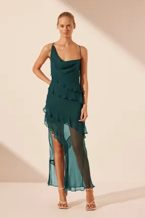 LAYLA ASYMMETRICAL RUFFLE MAXI DRESS - DARK TEAL