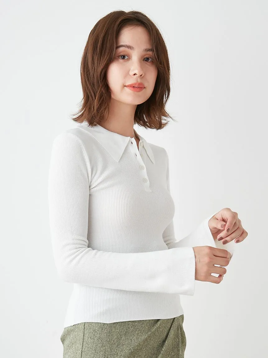 Long Sleeve Polo Ribbed Knit Top