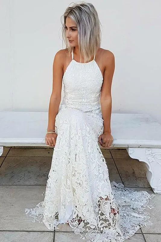 Mermaid Simple Halter Lace Wedding Dress Beach Bridal Gown OW421