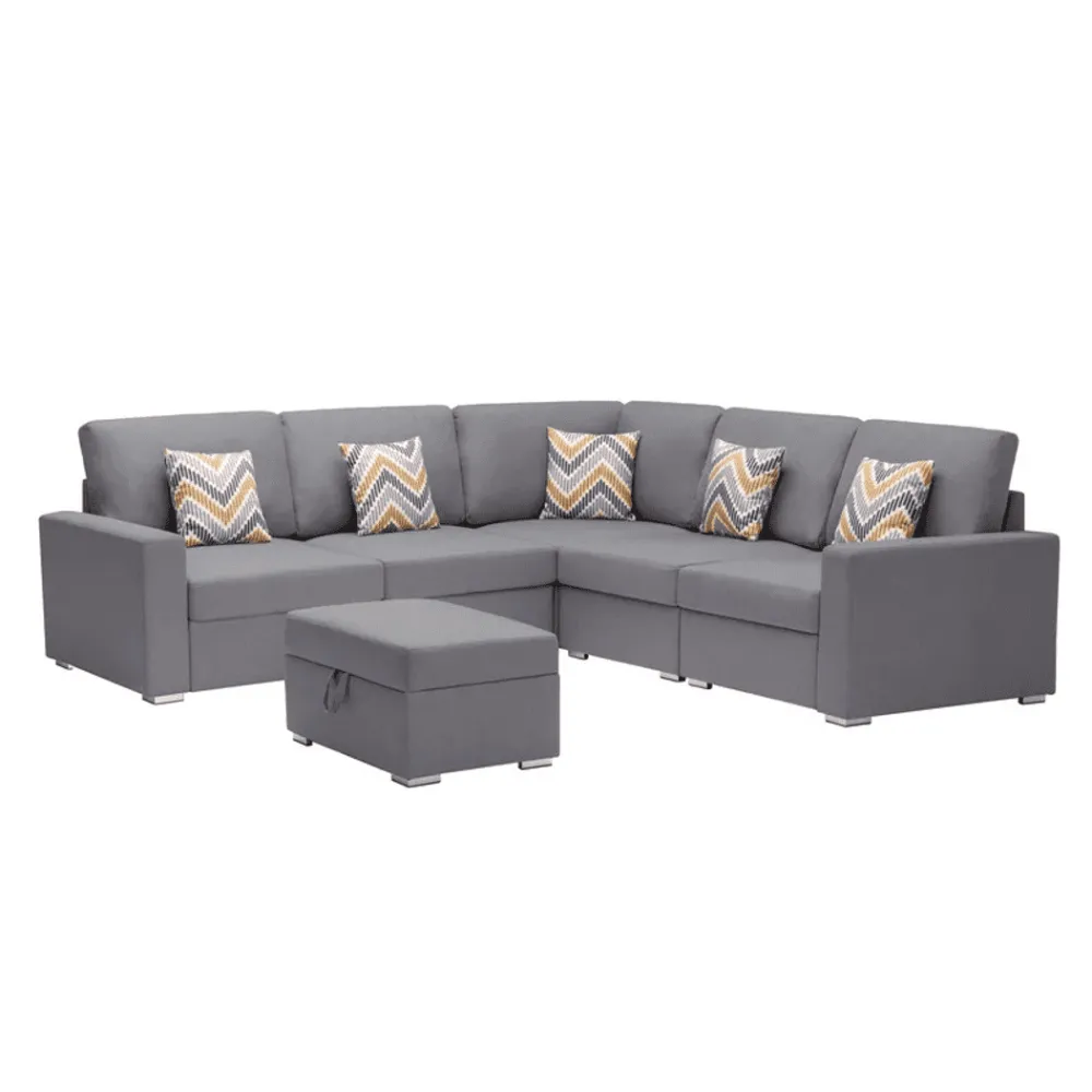 Nollon Linen Fabric Sectional Sofa with Pillows and Storage Ottoman