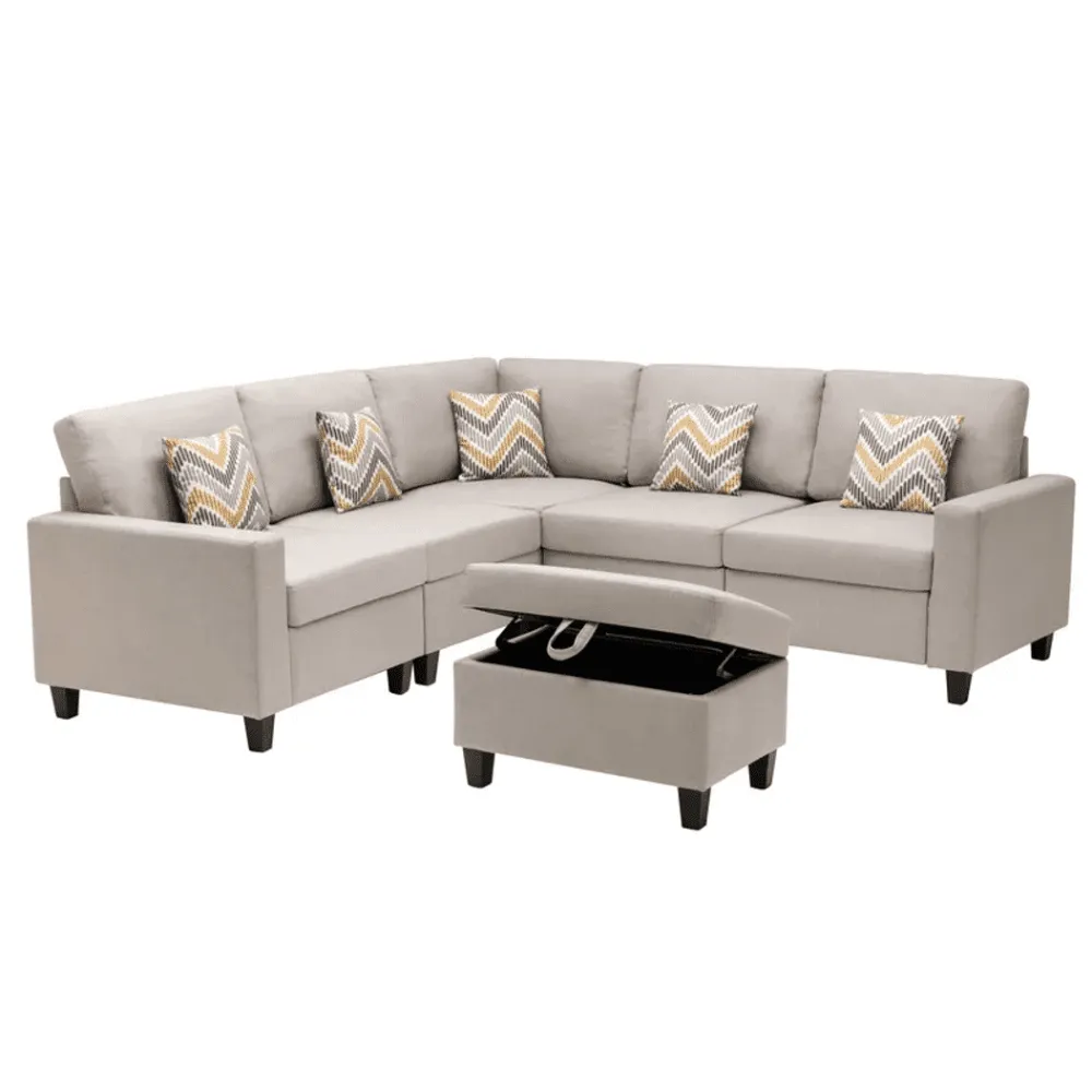 Nollon Linen Fabric Sectional Sofa with Pillows and Storage Ottoman