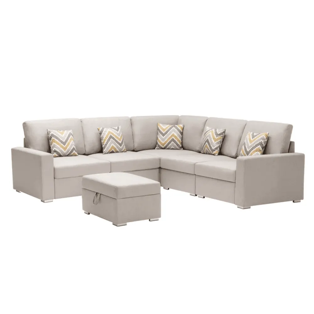 Nollon Linen Fabric Sectional Sofa with Pillows and Storage Ottoman