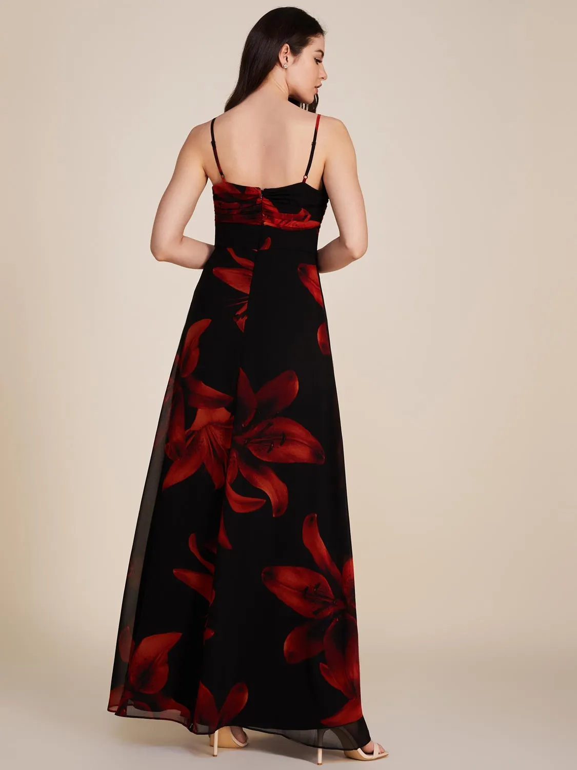 Printed Chiffon Gown With Front Cutout