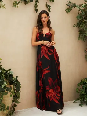 Printed Chiffon Gown With Front Cutout