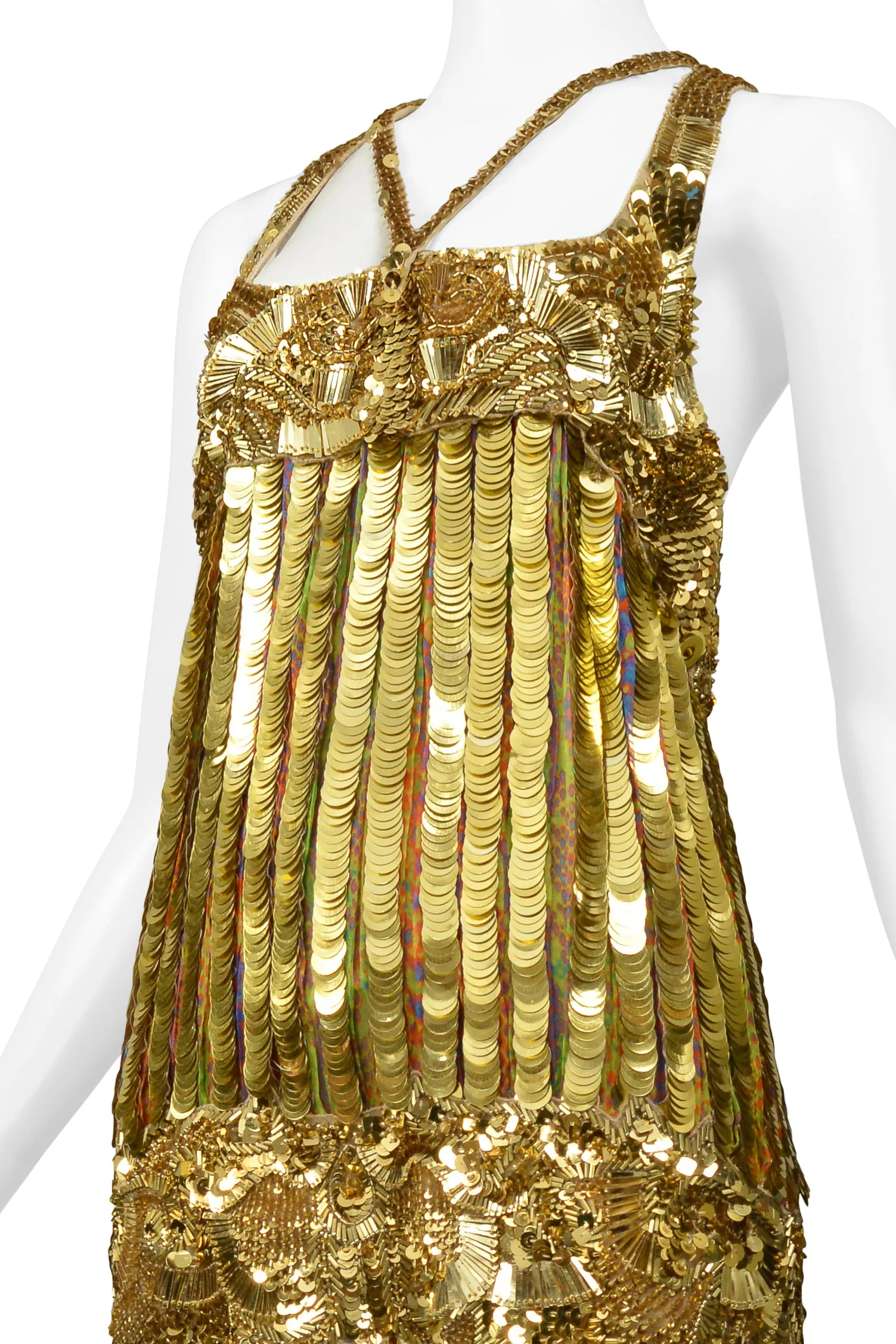 ROBERTO CAVALLI GOLD SEQUIN, PAILLETTE & BEADED MINI FLAPPER DRESS