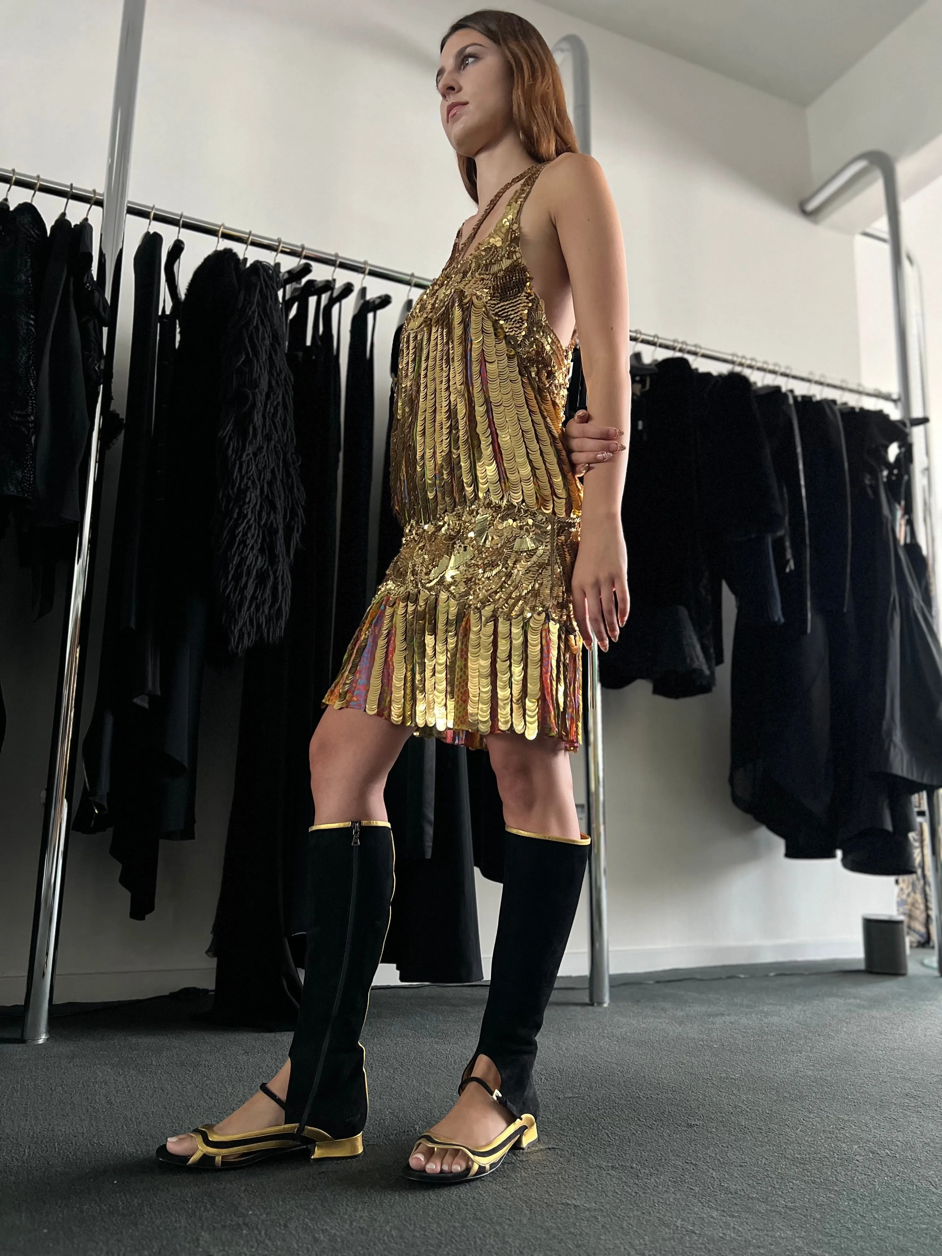 ROBERTO CAVALLI GOLD SEQUIN, PAILLETTE & BEADED MINI FLAPPER DRESS