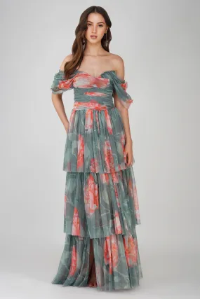 Sydney Tulle Maxi Dress in Sage Green Floral